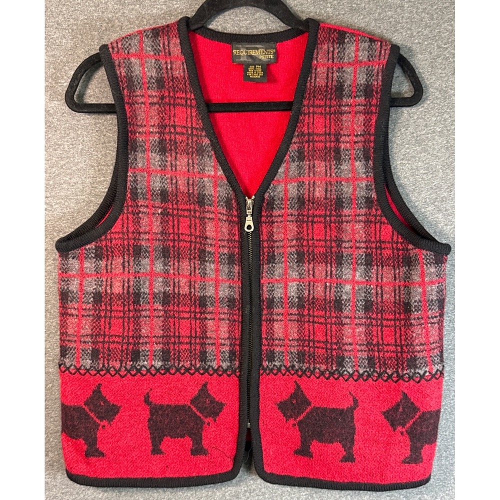 VTG Requirements Petite Red Black Plaid Wool Scottie Dog Zip Up Sweater Vest PM